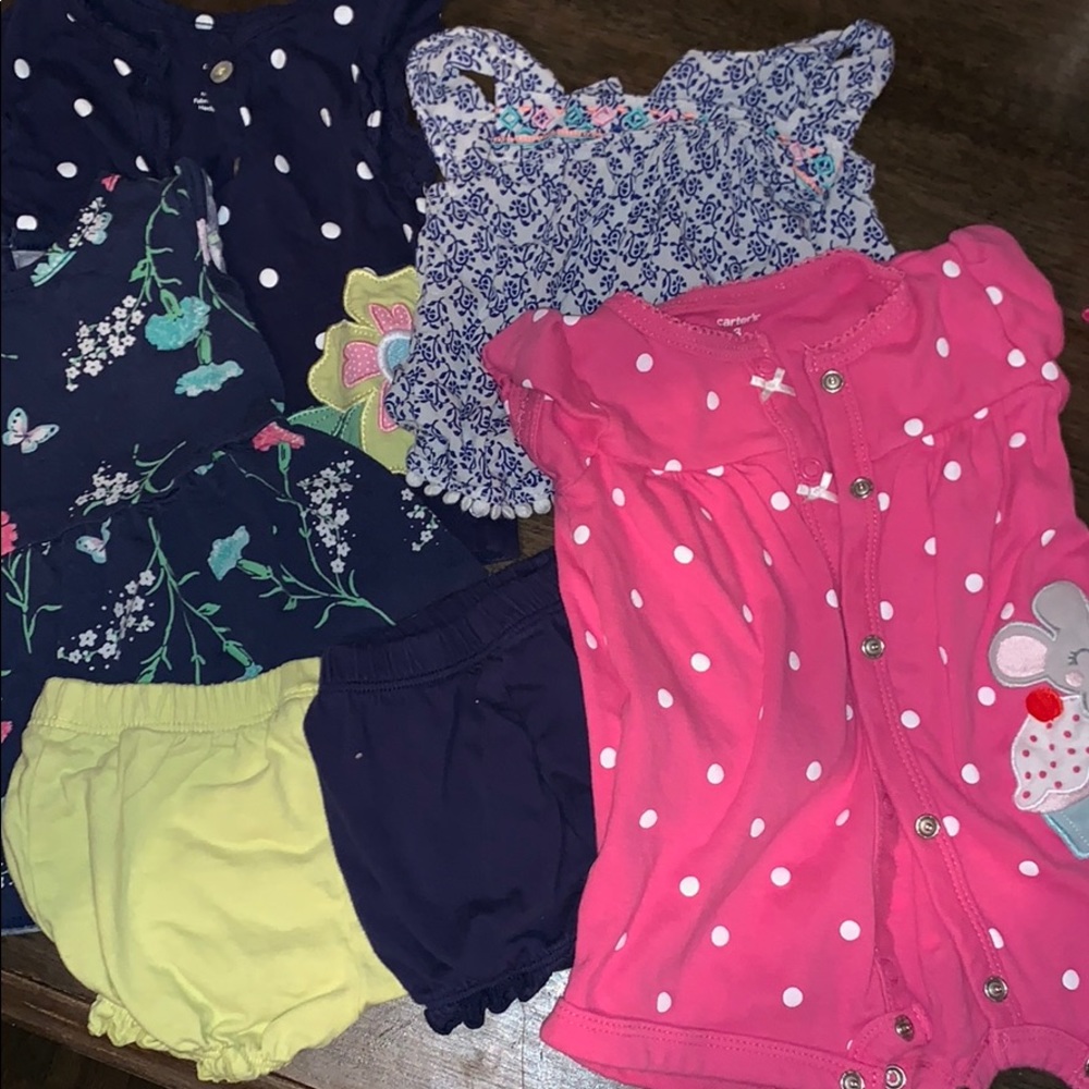 Three shirts, two shorts, one romper bundle